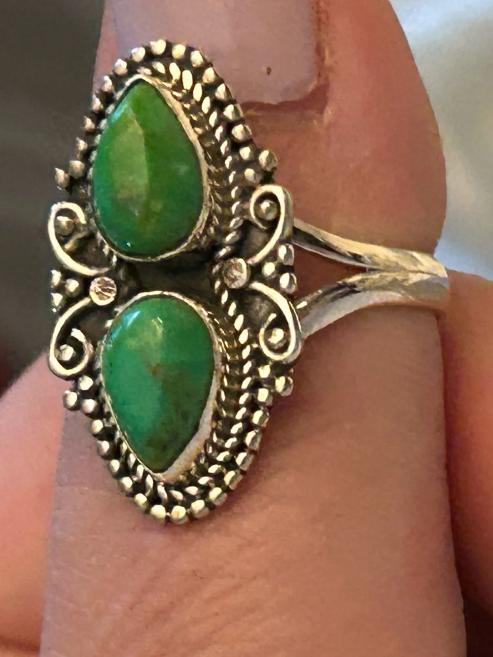 Sterling Silver Green Mojhave Double Teardrop Ring size 8.5 - Picture 6 of 8
